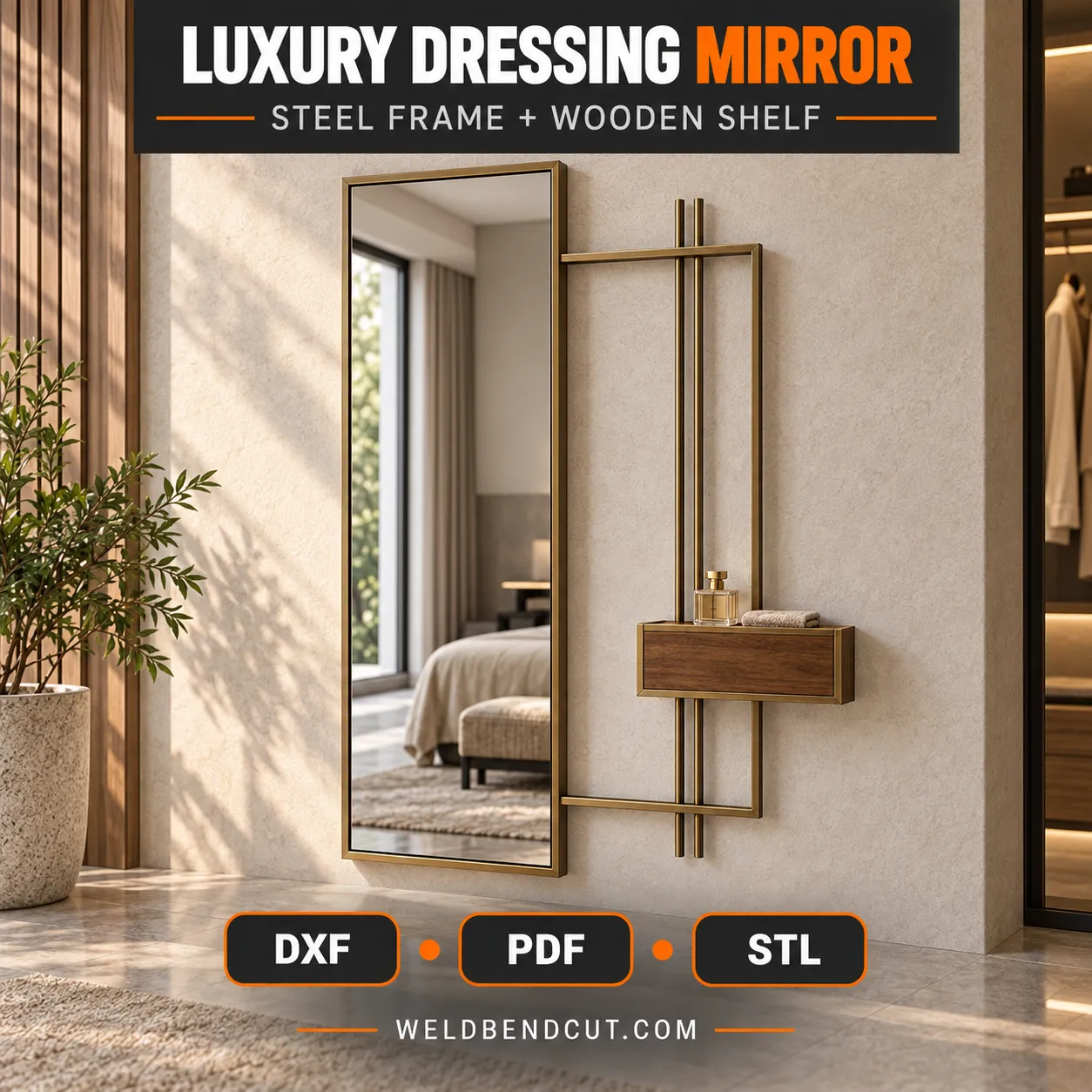 Luxury Steel Dressing Mirror with Wooden Shelf