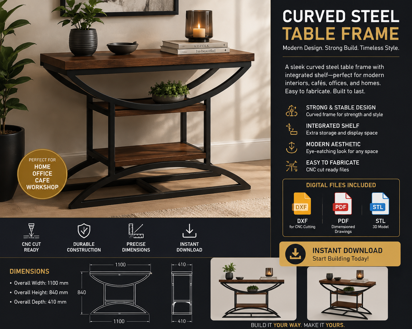 Curved Steel Table Frame DXF | CNC Furniture Design | DXF, PDF & STL