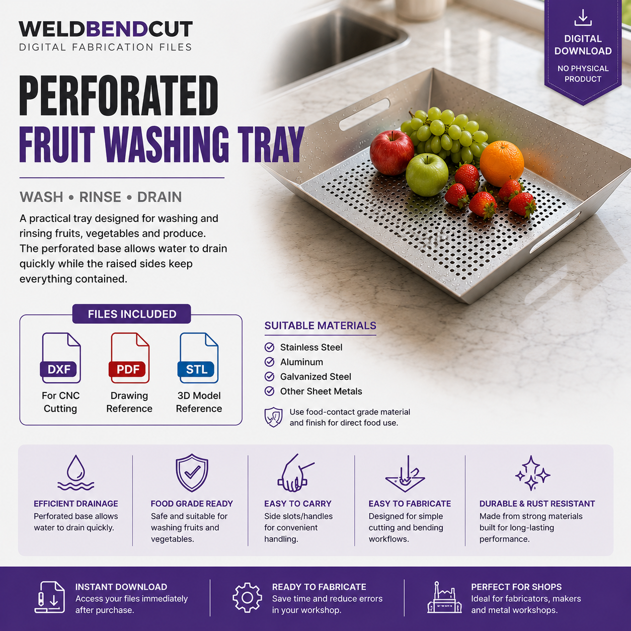 Perforated Fruit Washing Tray DXF | PDF & STL Digital Files