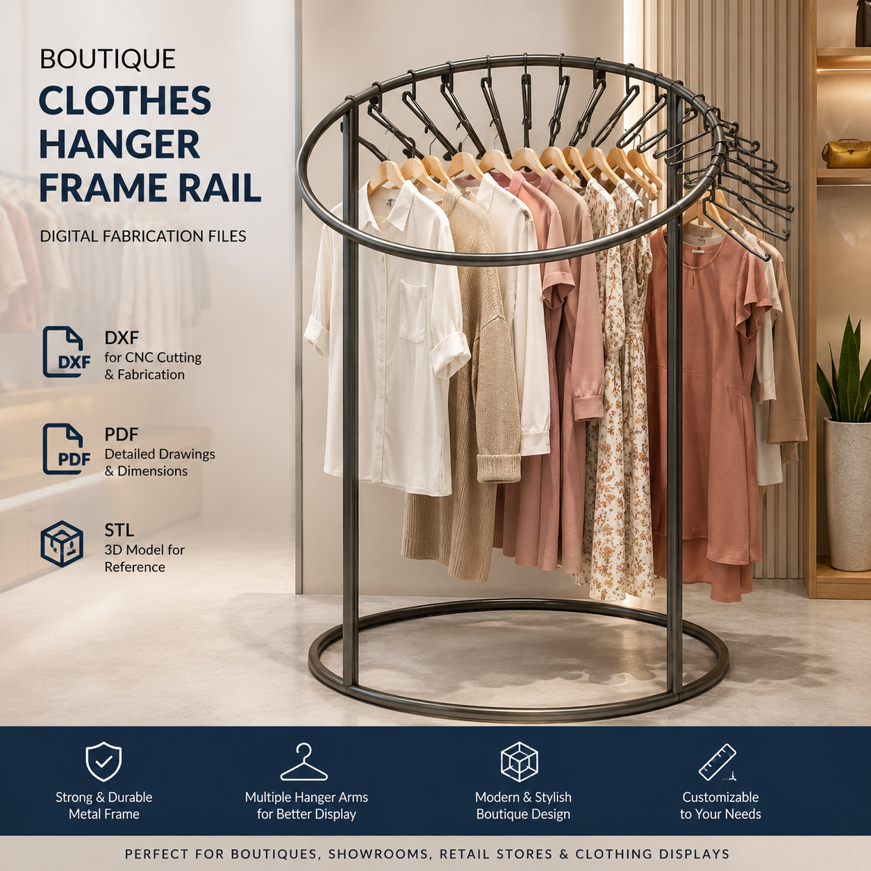 Boutique Clothes Hanger Frame Rail | DXF PDF STL