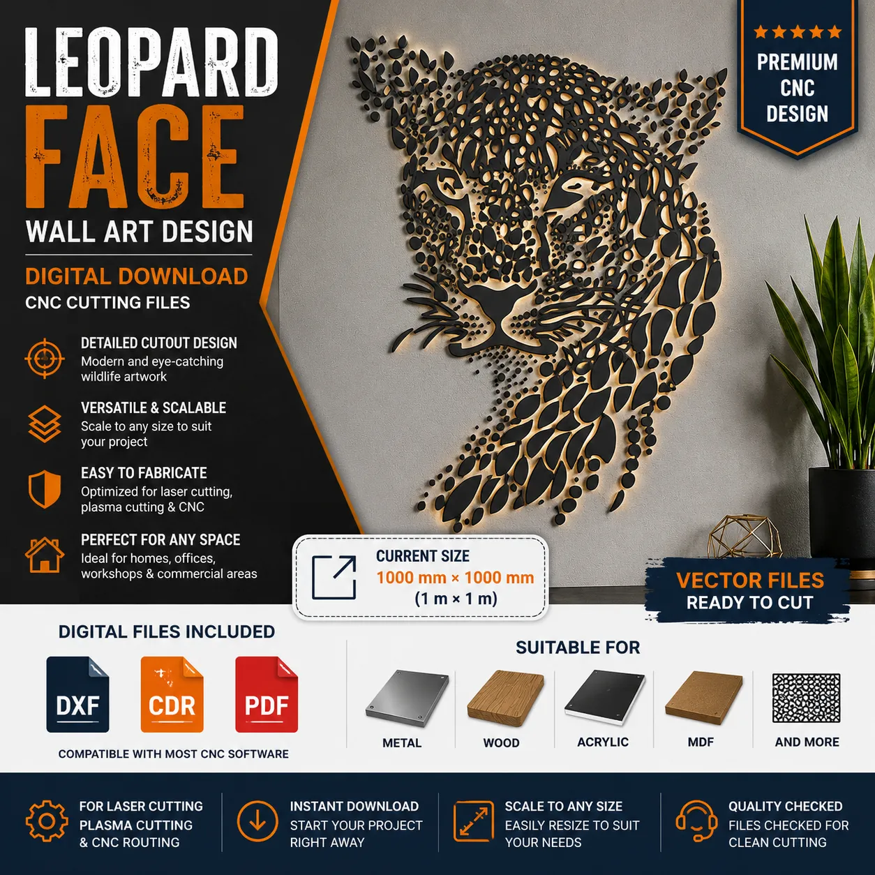 Leopard Face Wall Art DXF, CDR & PDF | CNC Laser & Plasma Cutting Design
