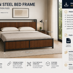 Modern Steel Bed Frame CAD Design | DXF PDF STL Fabrication Files | Metal Bed Welding Plans