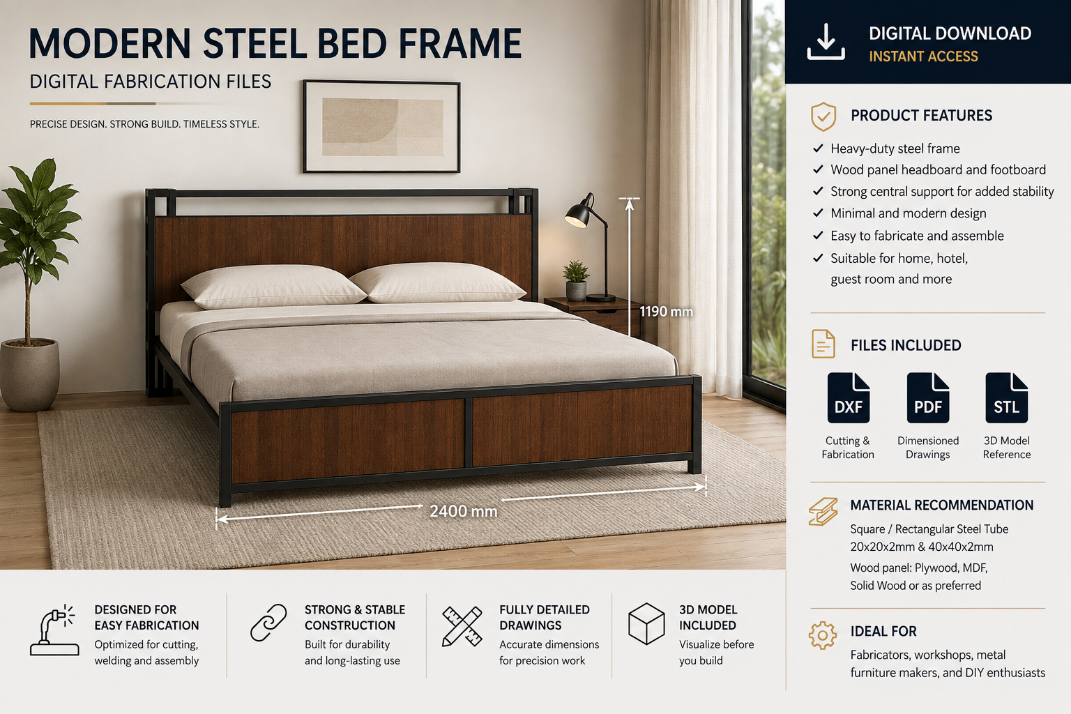 Modern Steel Bed Frame CAD Design | DXF PDF STL Fabrication Files | Metal Bed Welding Plans