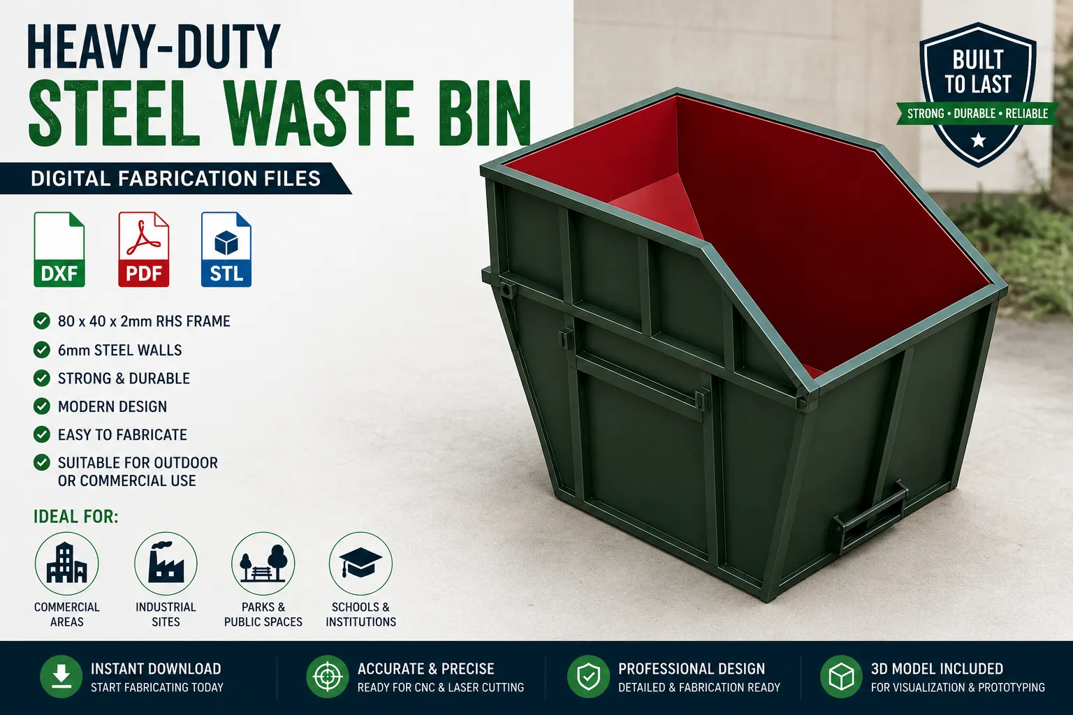 Heavy-Duty Steel Waste Bin DXF, PDF & STL Files | Fabrication Design