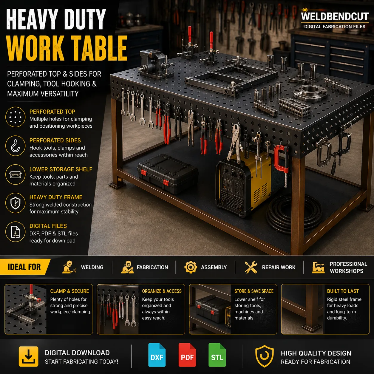 Heavy Duty Welding Work Table | Perforated Fabrication Bench DXF