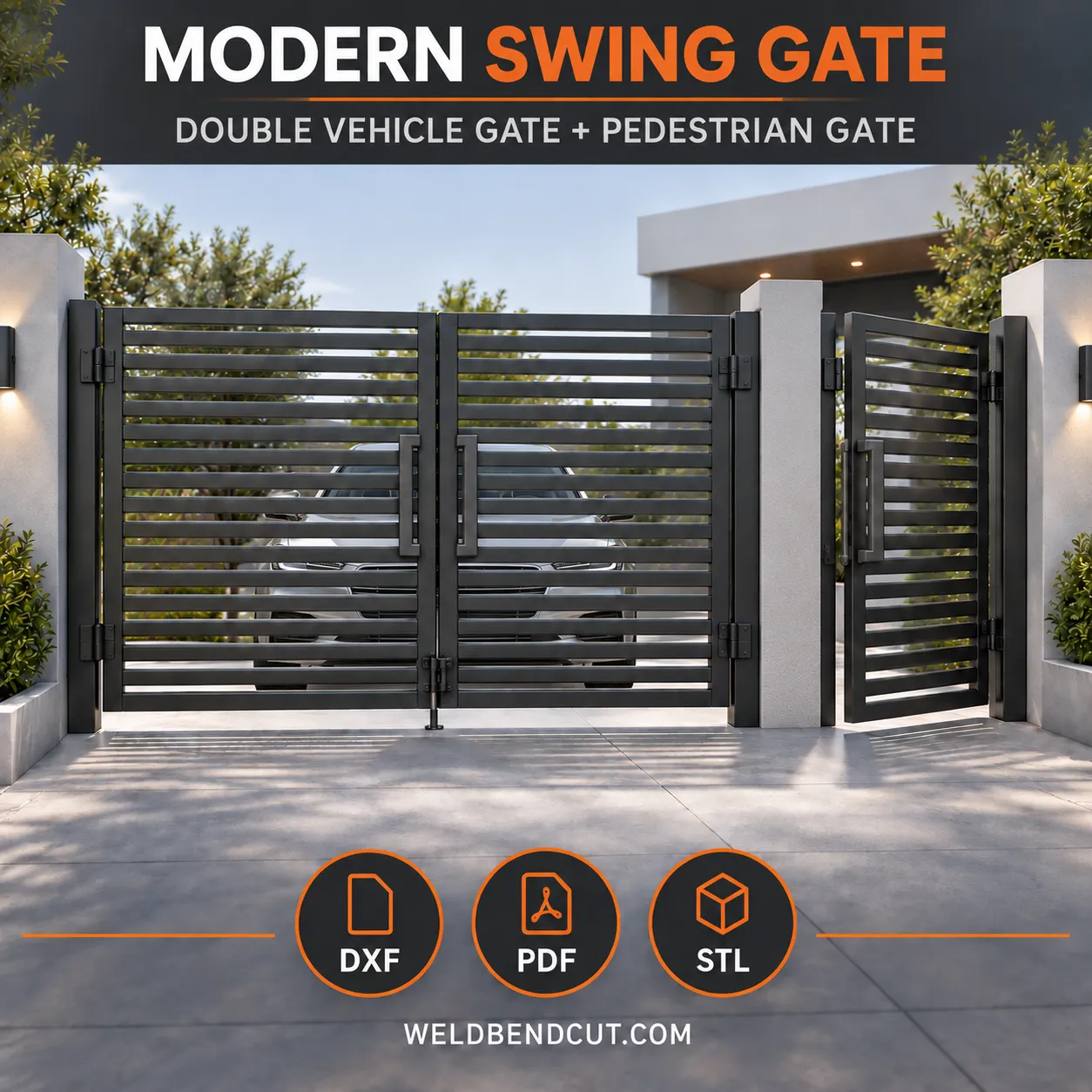 Modern Double Swing Driveway Gate with Pedestrian Gate – DXF, PDF & STL Files