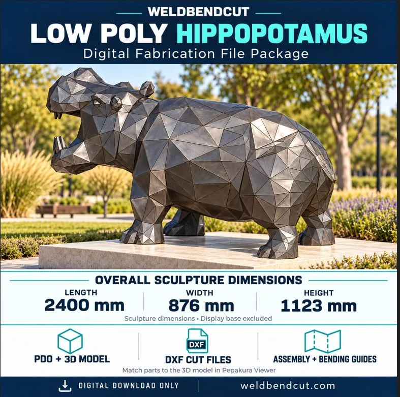 Low Poly Hippo Sculpture Plans | DXF, PDO & Assembly Guides